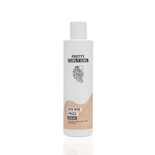 Pretty Curly Girl Bye Bye Frizz Serum flakon fehér alapon, zöld díszcsíkkal és a márkára jellemző rajzzal.