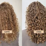 Előtte-utána kép hátulról egy göndör hajról, a Pretty Curly Girl Bye Bye Frizz Serum használatával. 