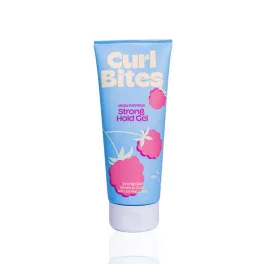 url Bites Mega Definition Strong Hold Gel zselé világoskék tubusban, rózsaszín málna grafikával és fehér kupakkal.