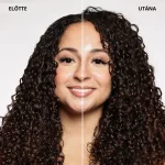 Előtte-utána összehasonlítás egy sötétbarna, gyűrűs göndör hajon a formázás utáni definícióról és tartásról.