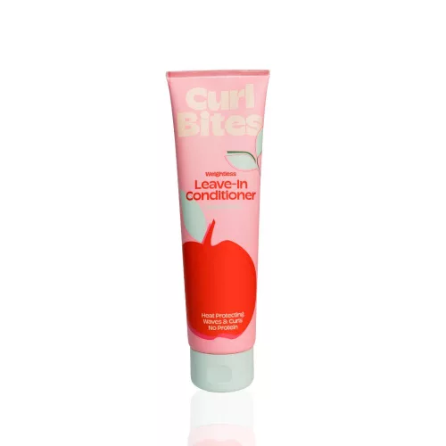 Rózsaszín tubusos Curl Bites Weightless Leave-In Conditioner bent maradó hajápoló piros alma illusztrációval.