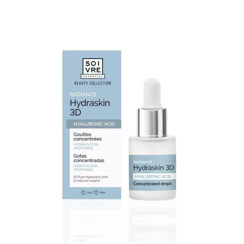 Soivre Radiance Hydraskin 3D hialuronsavas arcszérum cseppentős üvegben és világoskék papírdobozban.