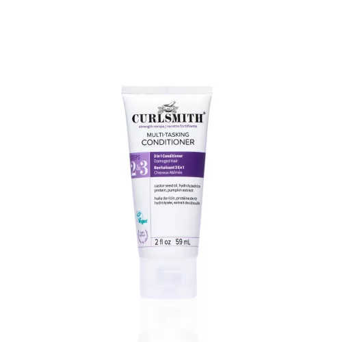 Curlsmith Multi-Tasking Conditioner hajbalzsam fehér tubusban, lila felirattal és álló kupakkal.