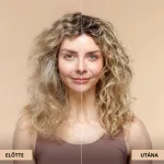 Előtte-utána összehasonlítás a szöszös, definiálatlan és a jól formázott, definiált hullámos tincsek között.
