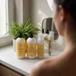 Soivre Curly Method sampon, balzsam és formázó hab fürdőszobai pulton, tükör és zöld növény mellett elhelyezve.