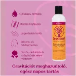 Jessicurl Spiralicious hajformázó gél flakonja rózsaszín alapon, terméktulajdonságokat jelölő ikonok mellett.
