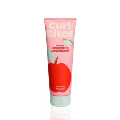 Rózsaszín tubusos Curl Bites Weightless Detangling Conditioner hajbalzsam piros alma illusztrációval és világoszöld kupakkal.