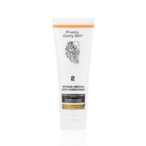 Pretty Curly Girl Intense Protein Deep Conditioner termék fehér tubusos csomagolásban, narancssárga sávval.