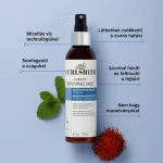 Curlsmith Curlfit Reviving Mist permet mentalevéllel, gyümölccsel és tájékoztató feliratokkal kék háttéren.