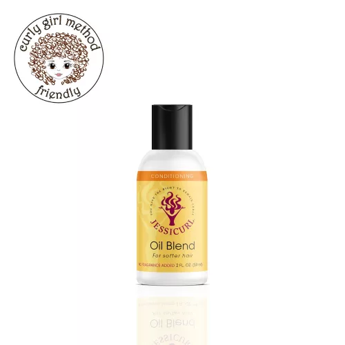 Jessicurl Oil Blend tápláló hajolaj fekete kupakos fehéres flakonban, sárga címkével a fényes tincsekért.