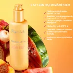 Rizos Curls 6-in-1 hajformázó krém sárga pumpás flakonban, friss görögdinnye és egzotikus gyümölcsök társaságában.