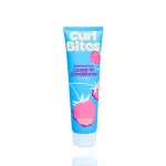 Curl Bites Weightless Protein Leave-In Conditioner világoskék tubusban, rózsaszín málnás mintával és fehér kupakkal.