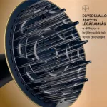 Fekete és arany színű diffúzorfej közeli képe, amely a 360 fokos légáramlást szemlélteti a tincsek körül.