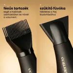 Fekete hajszárítóra szerelhető fésűs feltét a hajtövek megemeléséhez és egy lapos szűkítő fúvóka melegbarna háttér előtt.