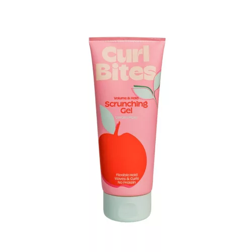 Curl Bites Volume & Hold Scrunching Gel rózsaszín tubusban, piros alma mintával és világoszöld kupakkal.