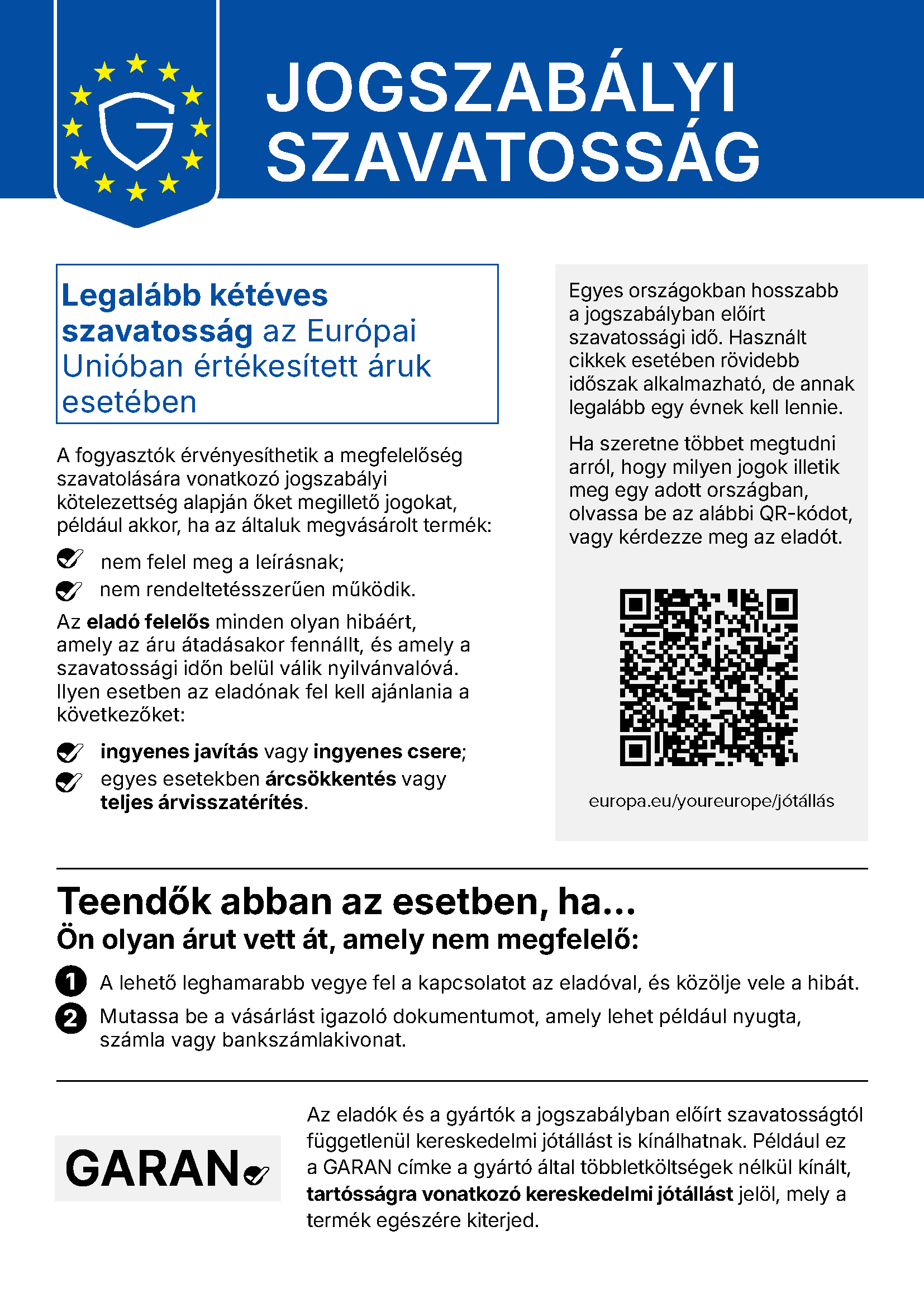 Harmonizált értesítés - jogszabályi szavatosság
